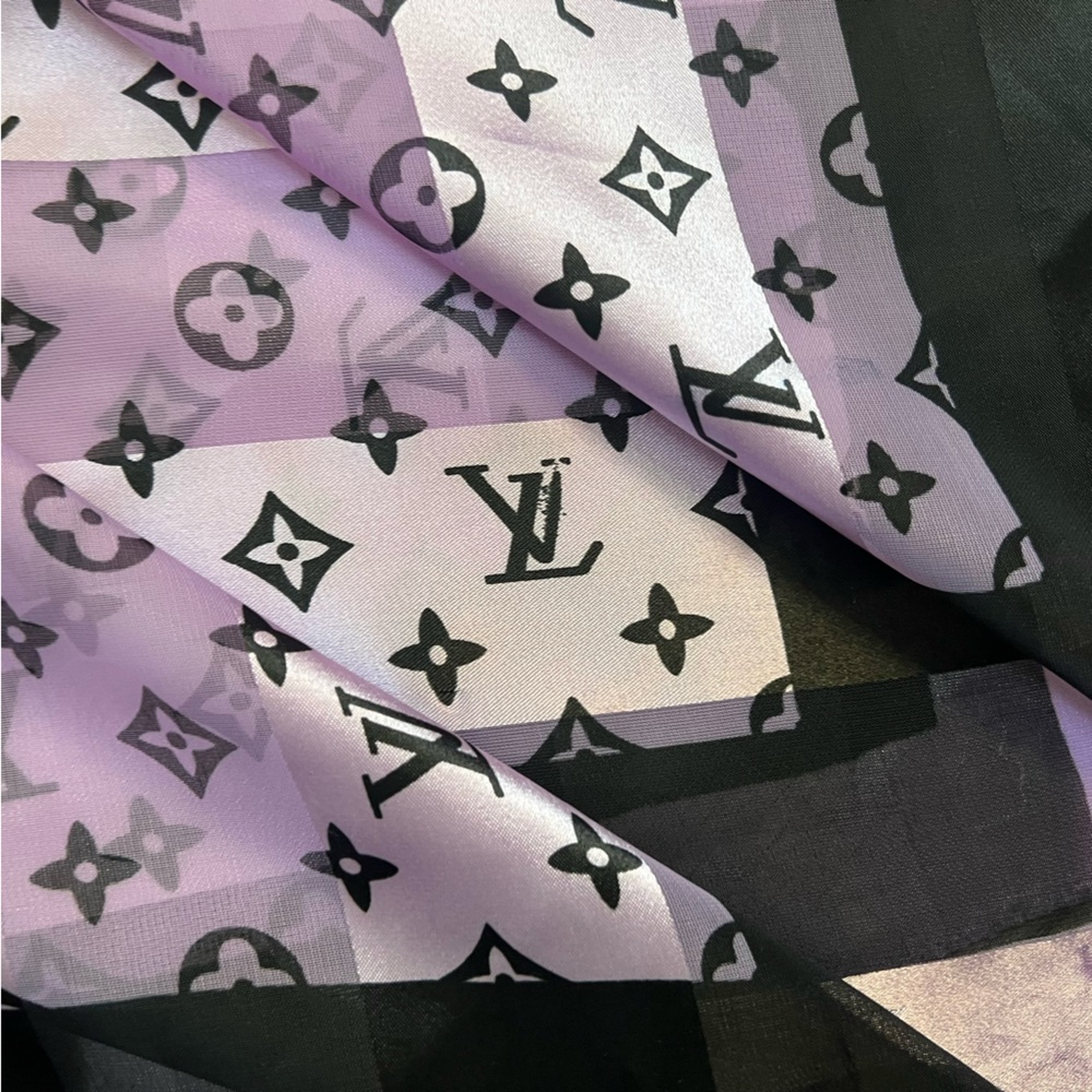 LOUIS VUITTON Lilac Purple Black Silk Monogram Scarf Wrap Shawl - Picture 7 of 16